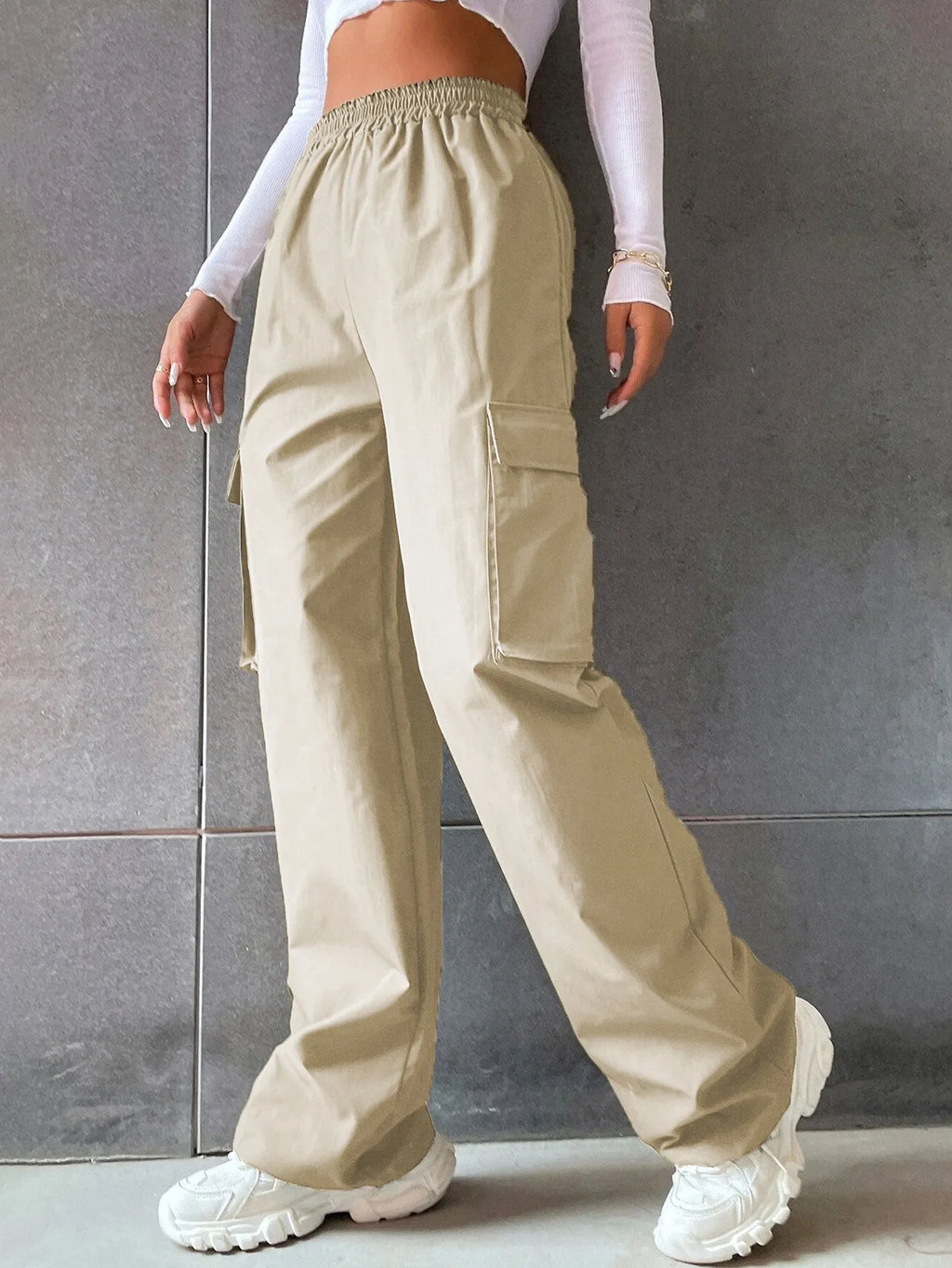 Women's high waist workwear trousers with pockets in solid colours, polyester fabric, sizes S to 2XL