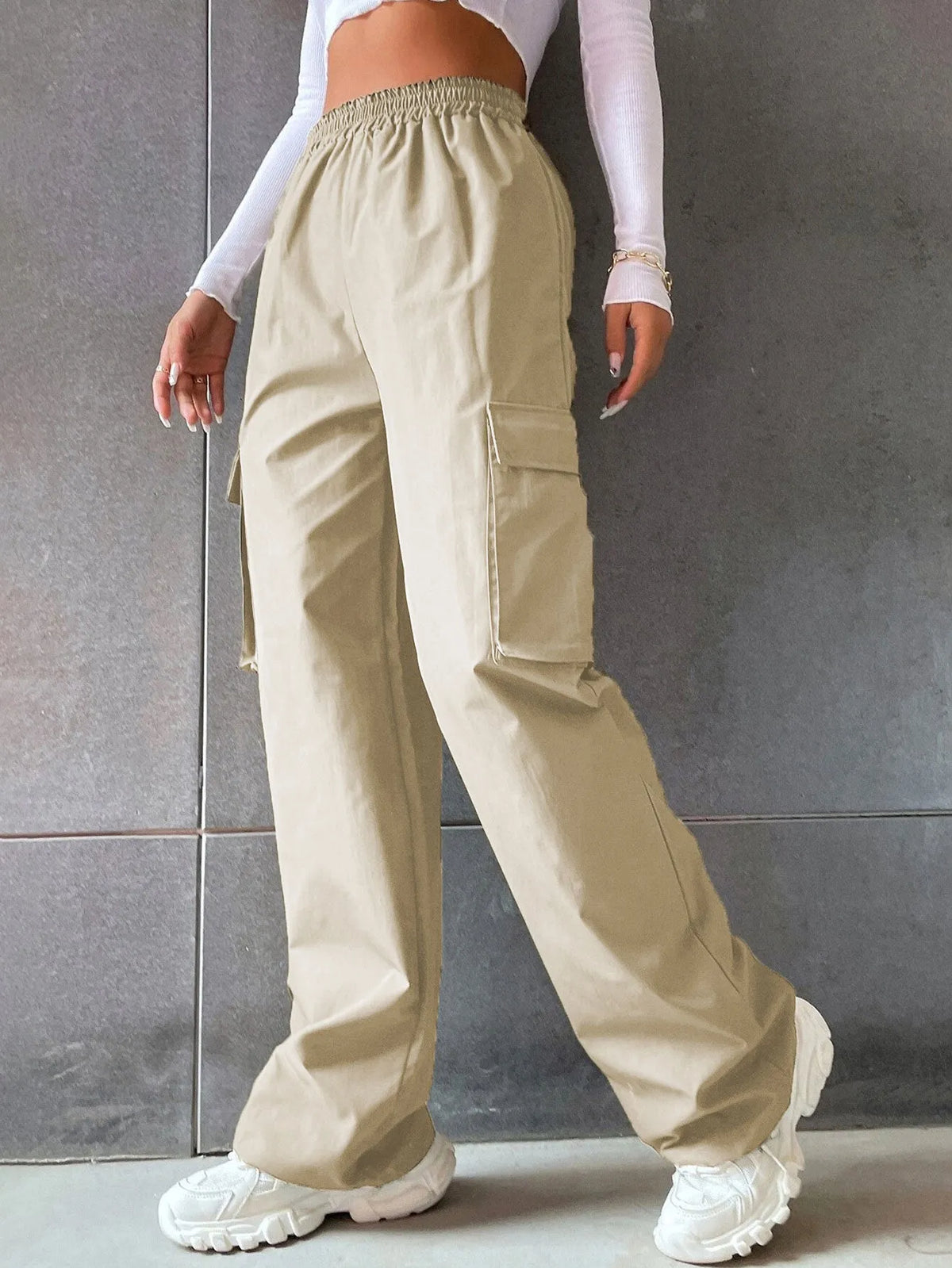 Women's high waist workwear trousers with pockets in solid colours, polyester fabric, sizes S to 2XL