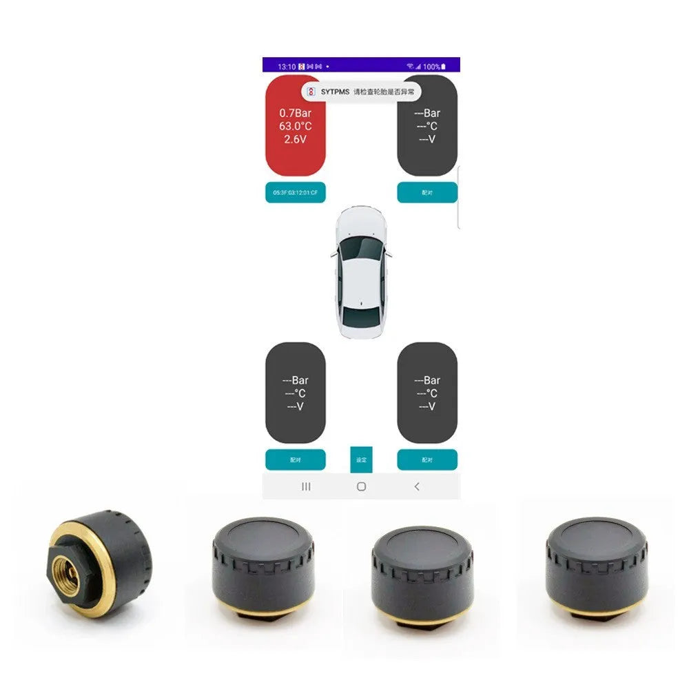 Black Bluetooth tyre pressure monitors for mobile phone display with four sensors