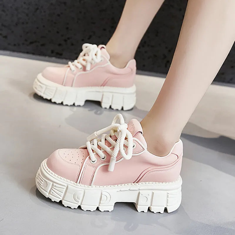 Beige and pink leather muffin bottom casual shoes with rubber foam soles
