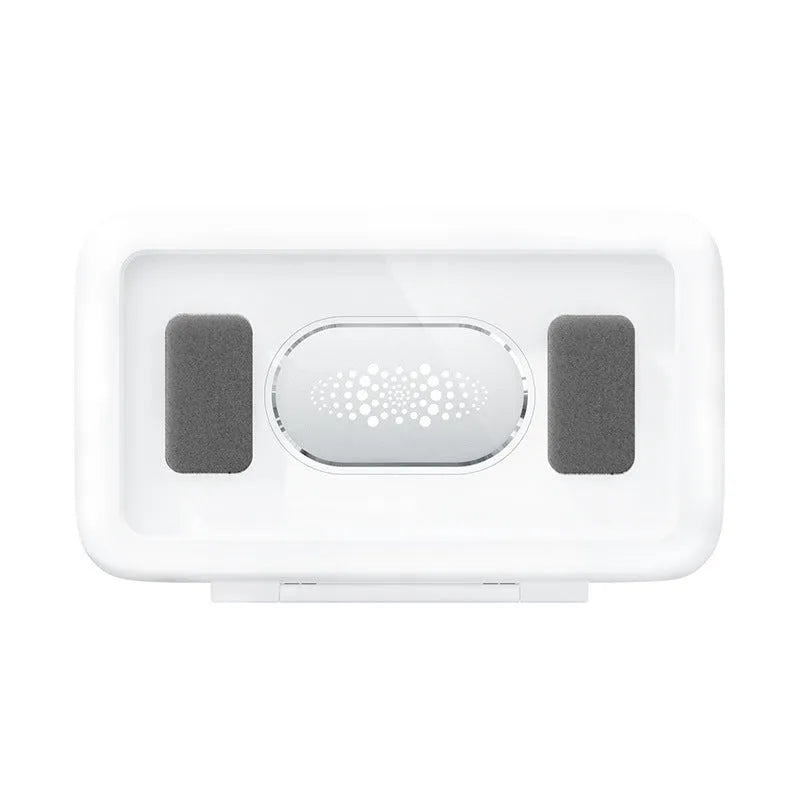Waterproof phone holder with anti-fog window mounted on bathroom tile with mobile phone inside