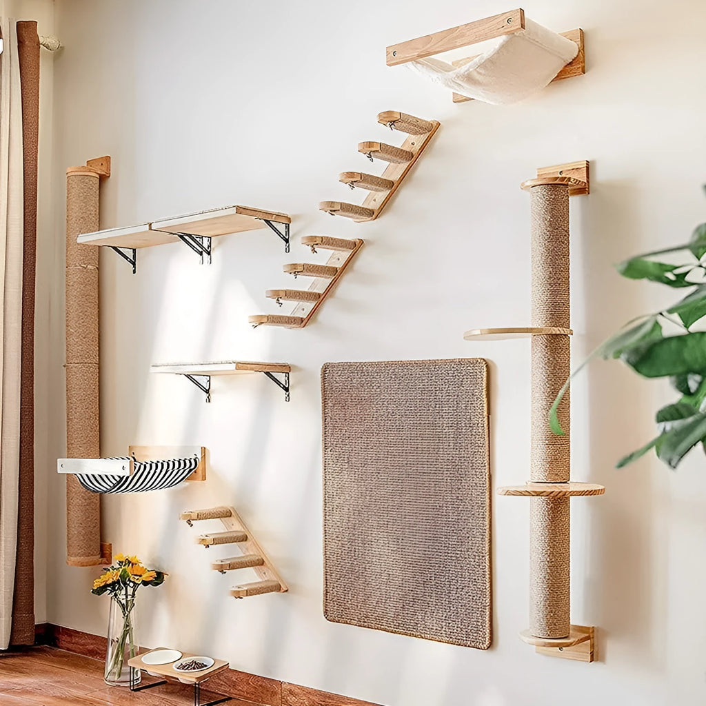 Wooden wall-mounted cat climbing frame with jumping platform and wrapped scratching posts