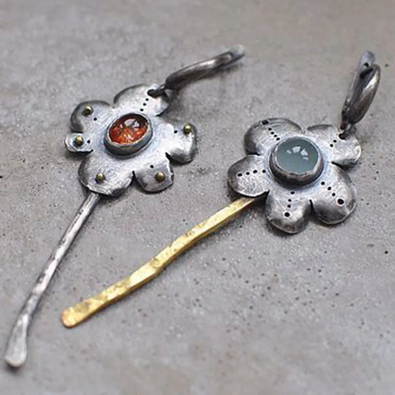 Retro geometric flower drop earrings with asymmetrical two-tone electroplated finish