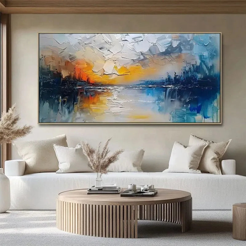Abstract modern horizontal handmade oil painting on canvas, large wall art for living room or hotel