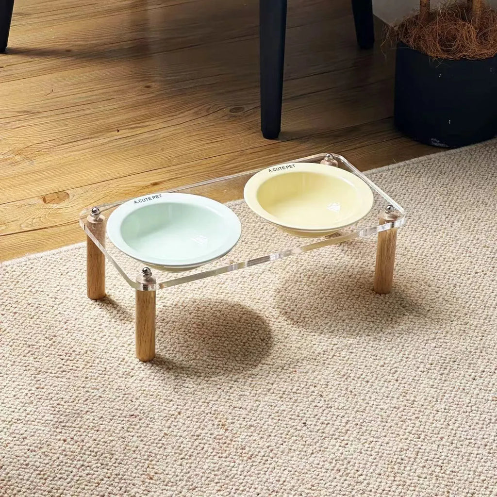 Cream yellow single ceramic cat bowl with wooden rack, anti-tumble design for elevated cat feeding