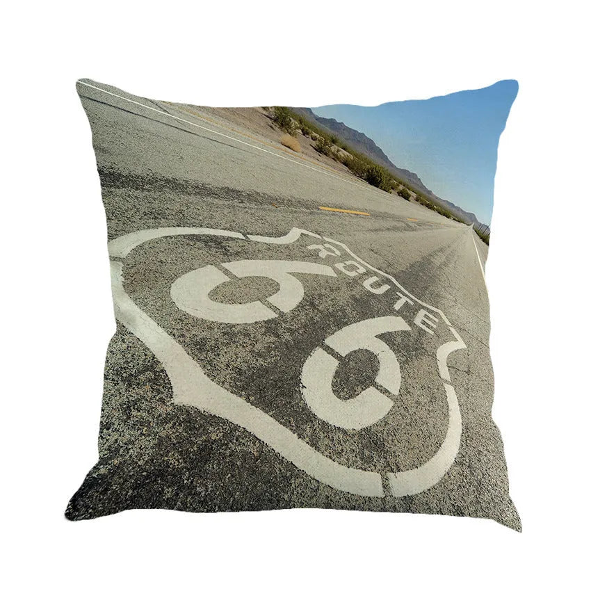 Square linen cushion cover with Route 66 landscape print, 45cm in size.