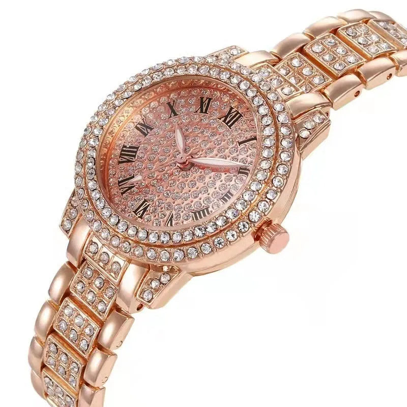 Diamond-encrusted casual women's quartz watch with gold alloy strap and 30mm dial, screw crown