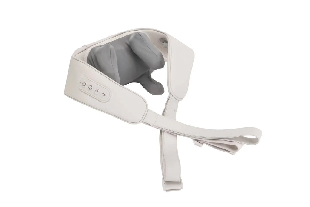 Beige and grey electric clip massage shawl neck massager with PU leather cover, 3 speeds and 10-minute timer