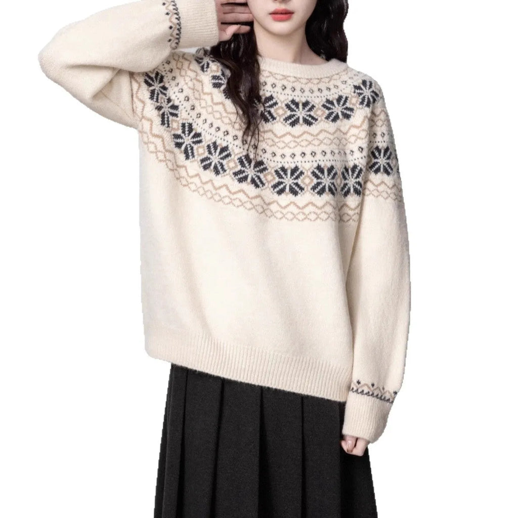Women's milky white vintage fair island geometric knit pullover sweater with a crew neck and long sleeves.