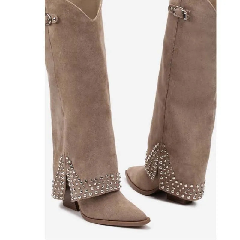 Women's black frosted rivet pantyhose boot with a microfiber suede upper and rubber sole.