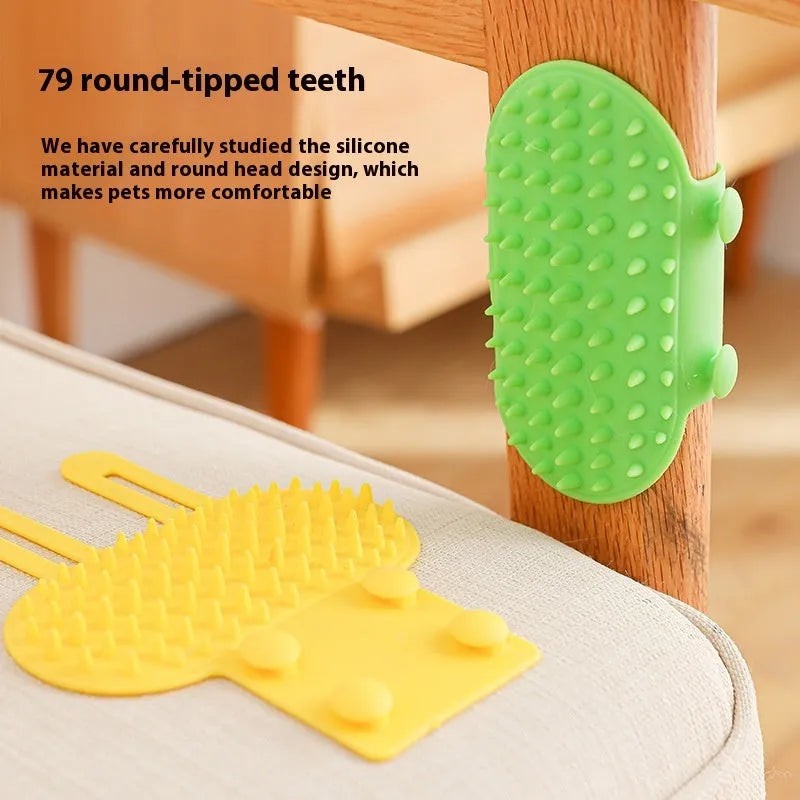 Silicone cat grooming comb with rounded teeth and adjustable strap for table mounting