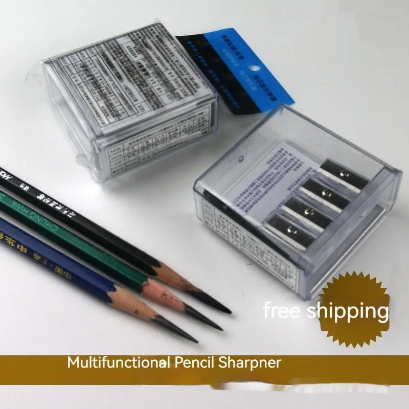 Four hole geometric pencil sharpener with plastic construction and maintenance screwdriver