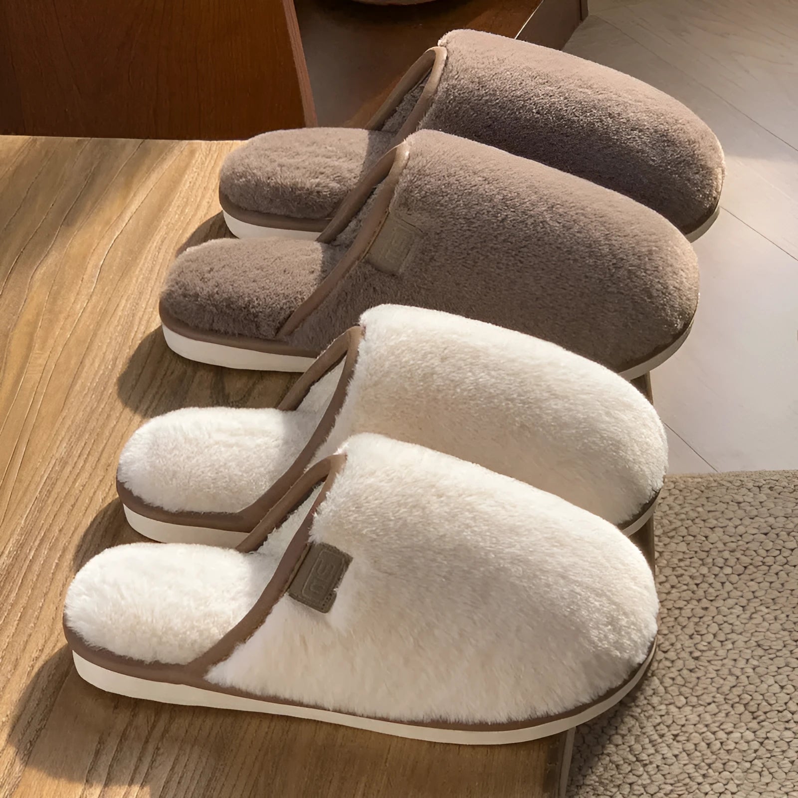 A pair of solid-colour winter plush slippers with a non-slip PVC sole, shown in a selection of available colours.