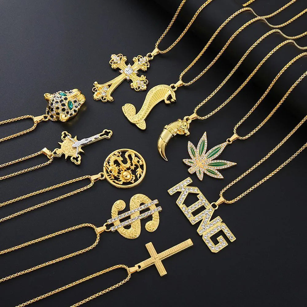 Gold geometric alloy pendant necklace for women with inlaid zircon stones.