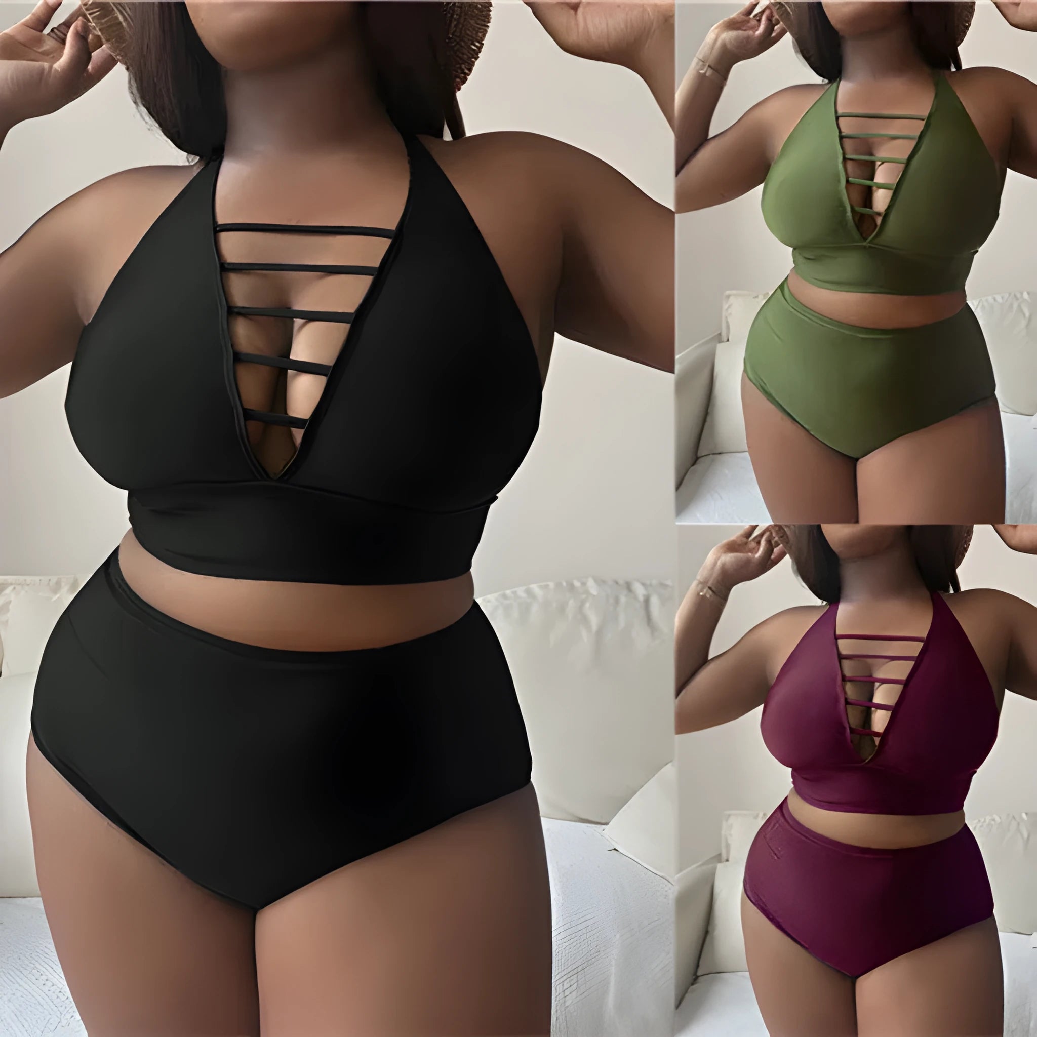 Plus size women's halter bikini set with adjustable cross straps and high waist briefs