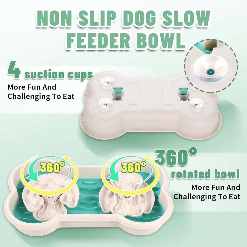 Large green slow feeder dog bowl with three-tiered puzzle trays and anti-slip suction cups on the base.