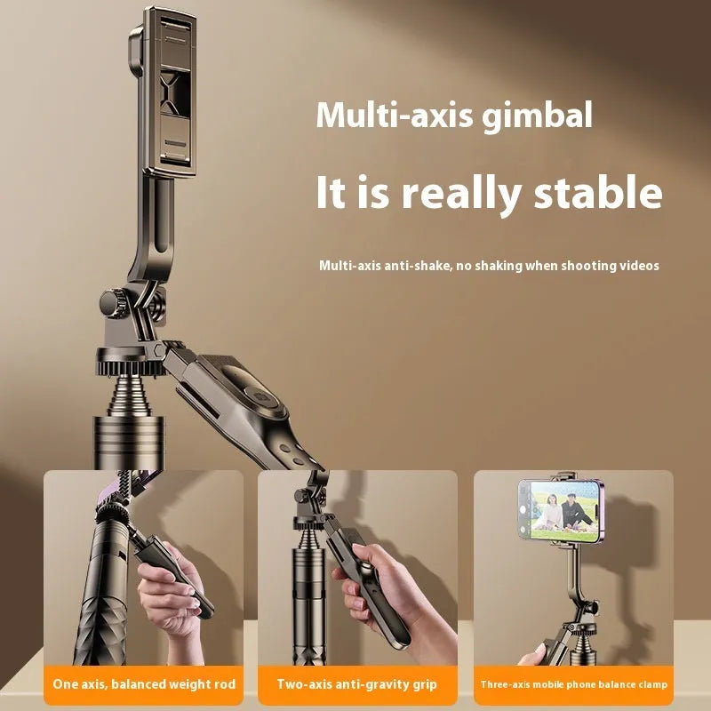 Bluetooth selfie stick floor stand with aluminium tube, phone holder, and remote on tripod base