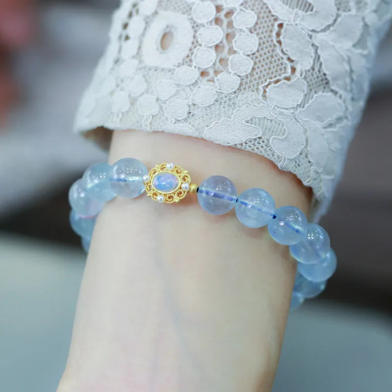 Aquamarine Chinese Fengjiu style bracelet with fox design and pink crystal accents for women