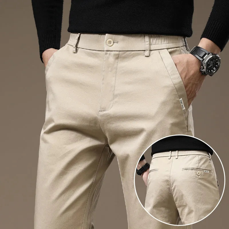Men combed cotton light business casual trousers in black, side view showing mid-waist cut and fabric texture
