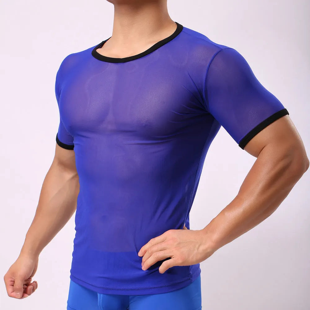 Men's slim fit transparent mesh t-shirt in solid colours on a hanger