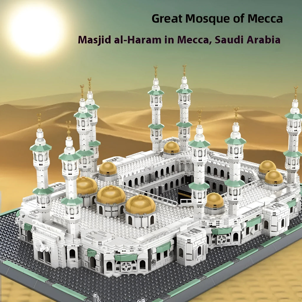 Plastic building blocks set forming a mosque model with minarets and domes, 1129-1463 pieces for teenagers