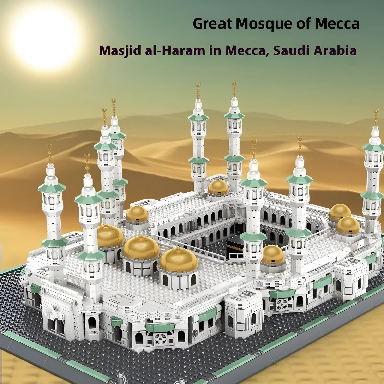 Plastic building blocks set forming a mosque model with minarets and domes, 1129-1463 pieces for teenagers