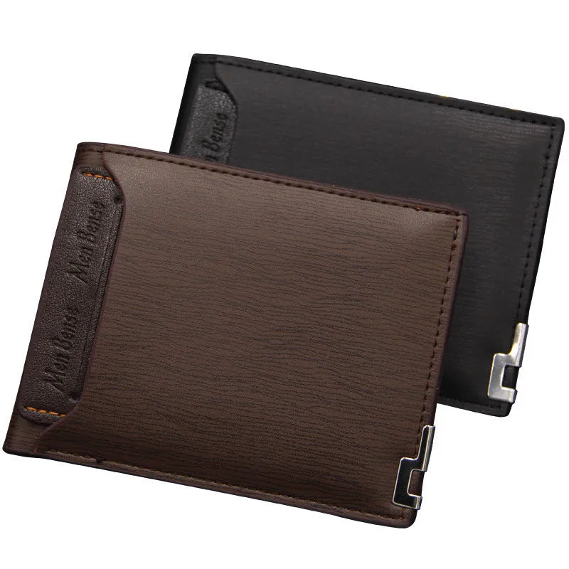 Men's black PU leather short wallet showing iron-edge card-picking design