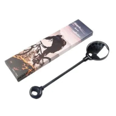 Black metal bicycle rearview mirror with adjustable hose-clamp mount and integrated reflector