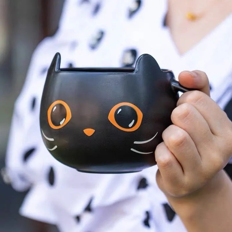 Black ceramic cat mug with pumpkin and spoon couple illustration, 355ml capacity