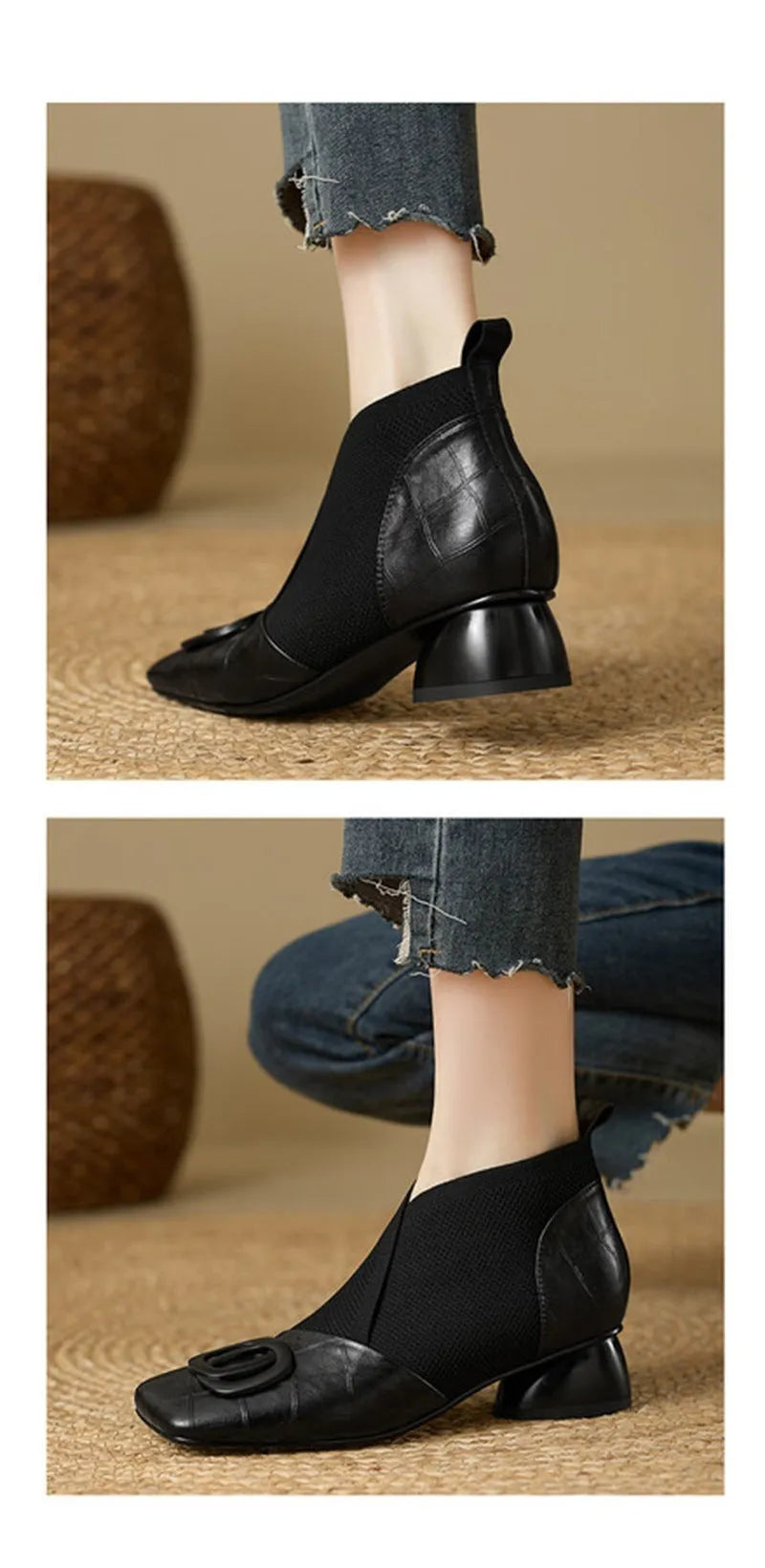 Women's retro chunky heel shoes in black or brown with square toe, 3-5cm medium heel, PU upper and TPR sole.