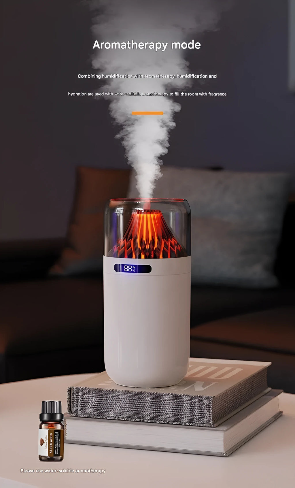 Volcano USB humidifier compact battery-powered digital display aromatherapy black white