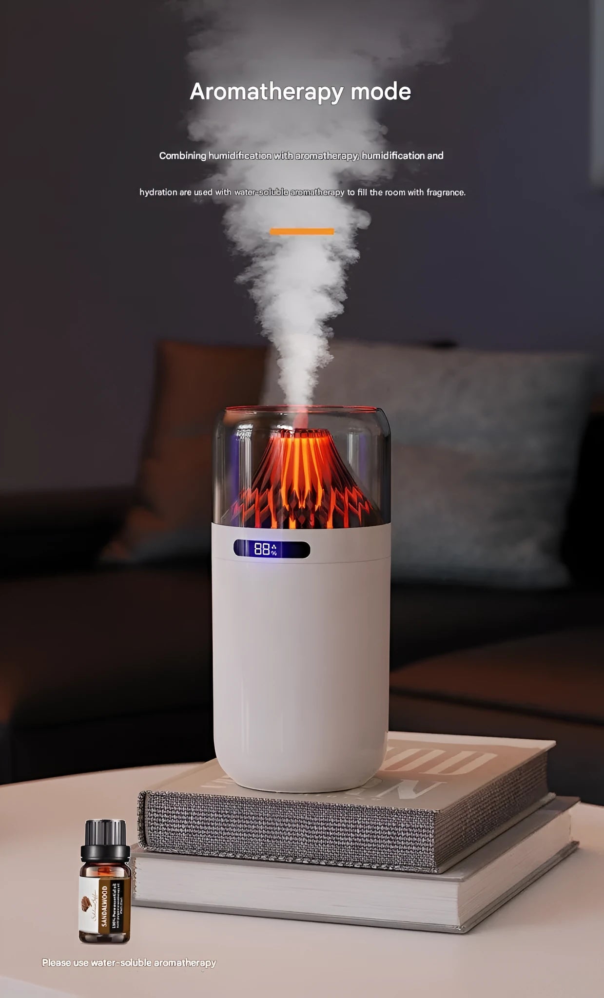 Volcano USB humidifier compact battery-powered digital display aromatherapy black white