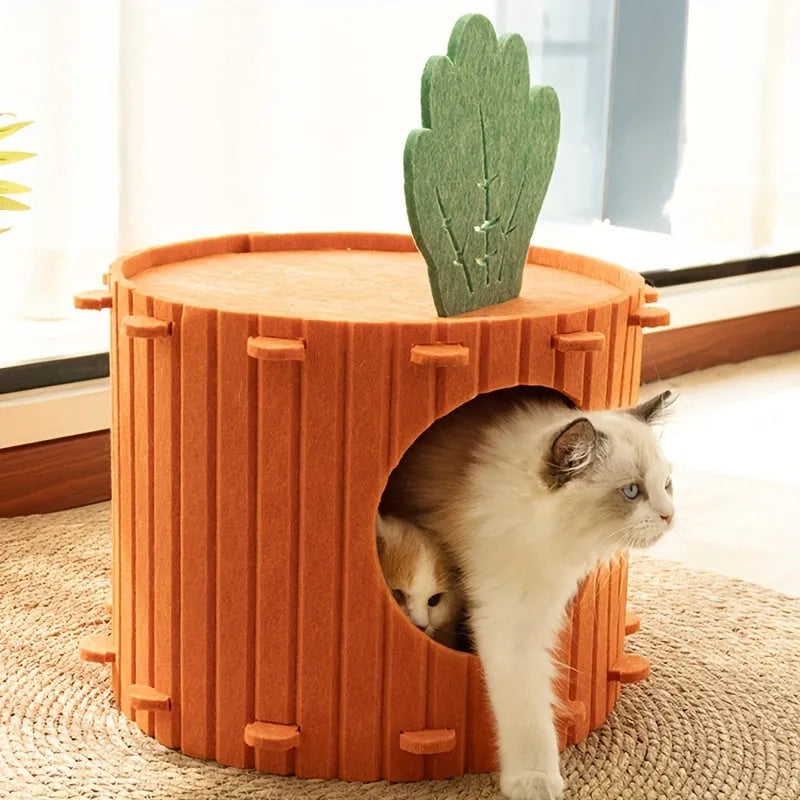Grey felt semi-enclosed cat tunnel and nest bed for indoor cats, shown in medium and large sizes.