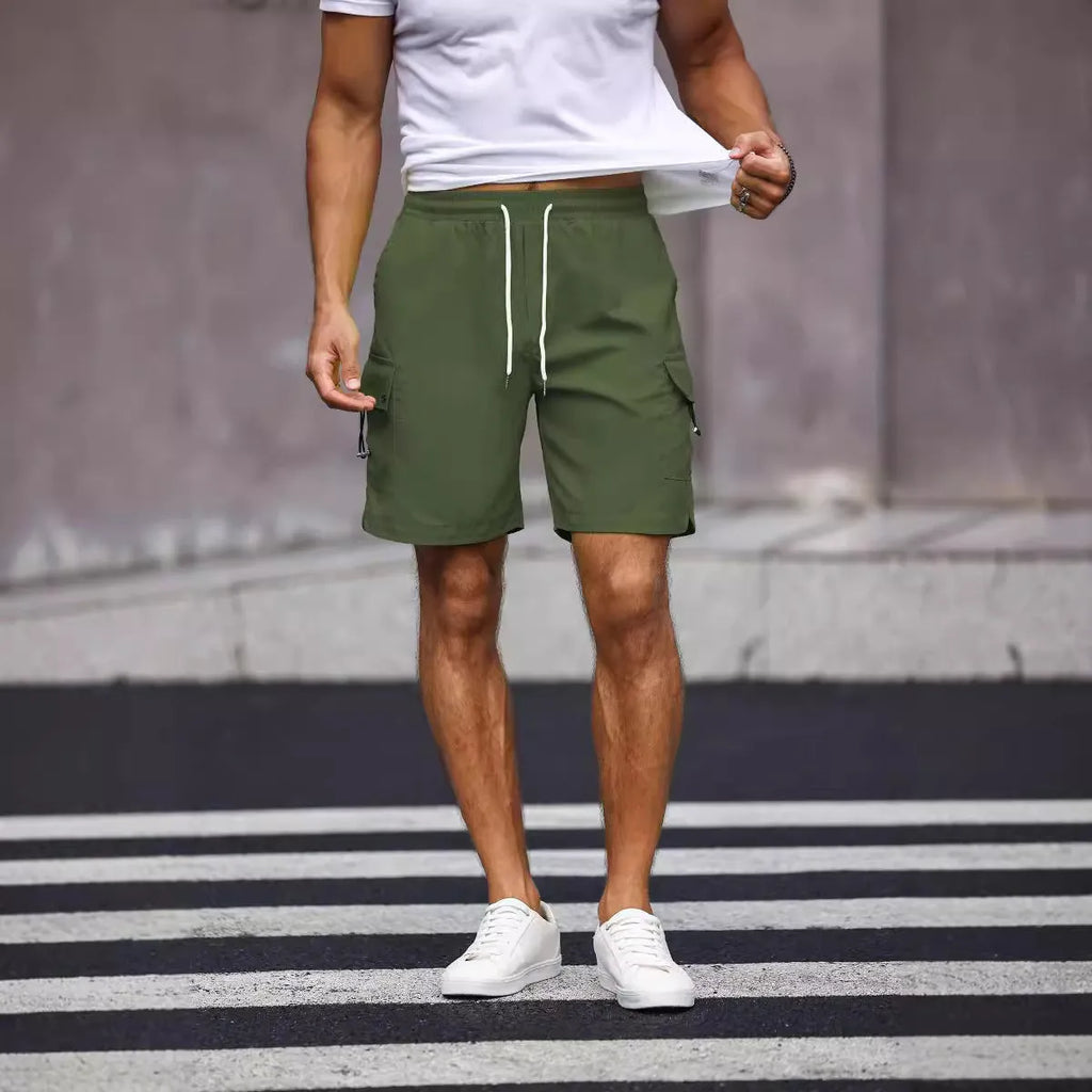 Men's loose fit workwear shorts in army green colour with straight leg cut and micro-elastic fabric