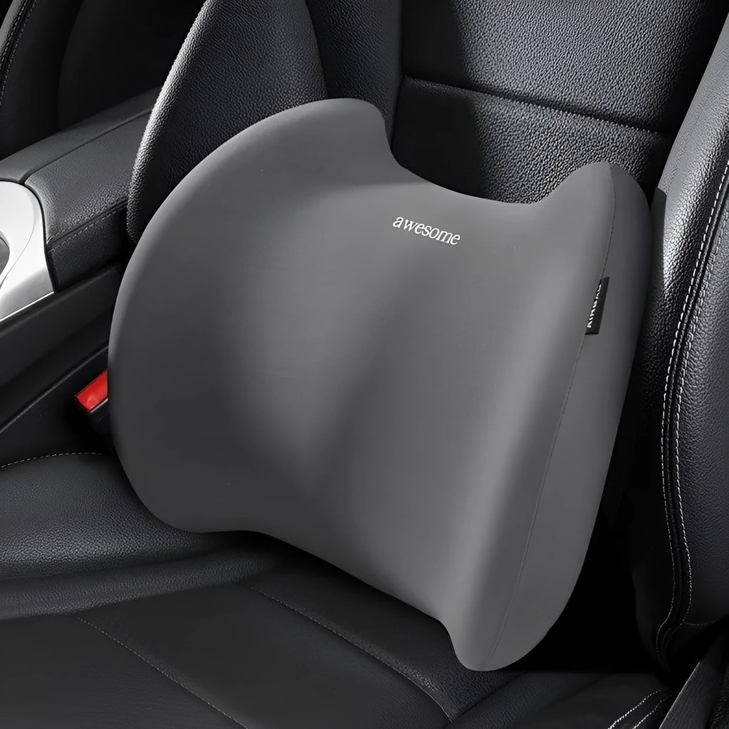 Gray geometric pattern memory foam car headrest and lumbar support pillows on vehicle seat