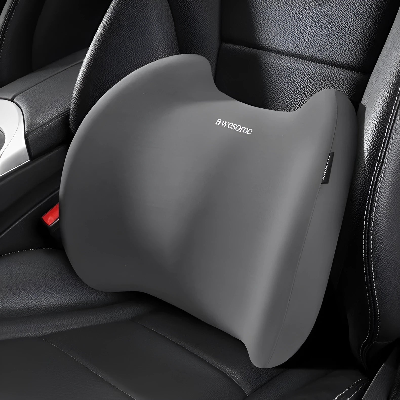 Gray geometric pattern memory foam car headrest and lumbar support pillows on vehicle seat