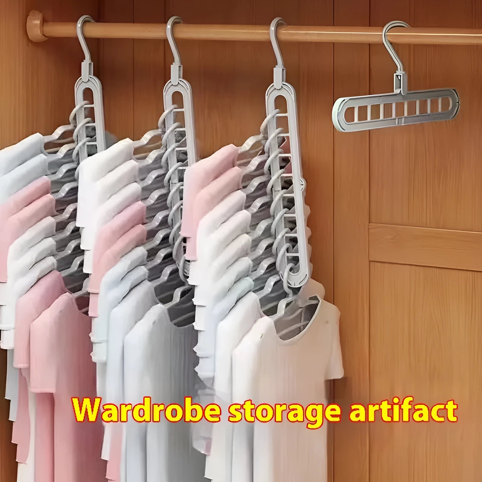 A green plastic folding hanger with nine holes for holding trousers or skirts.