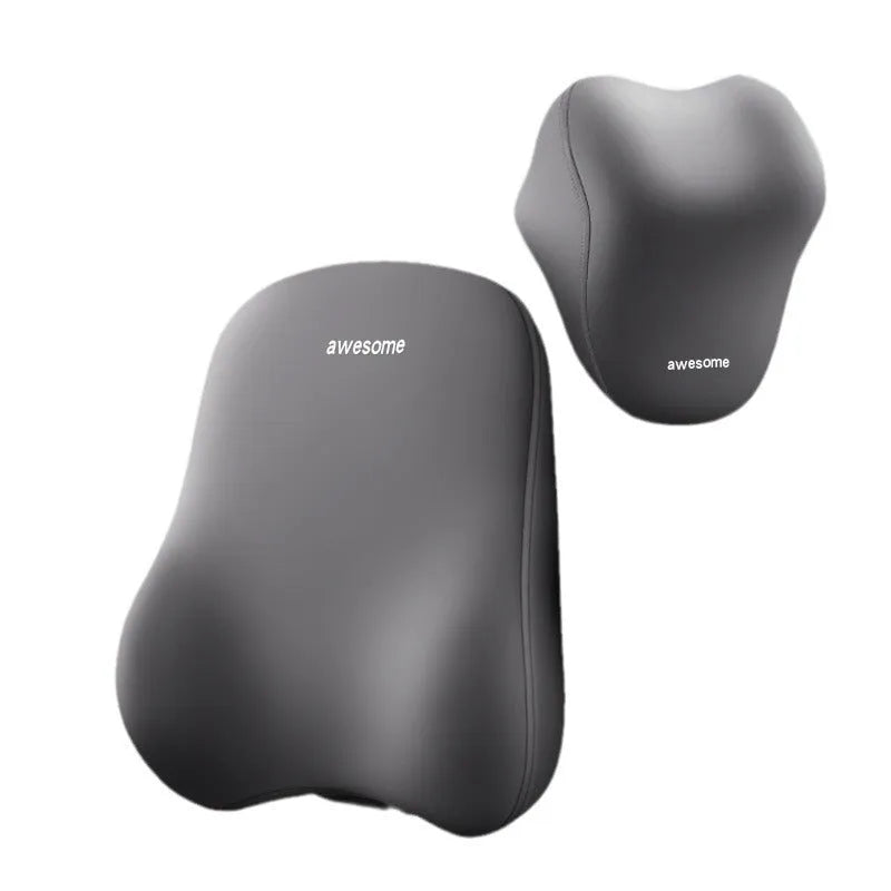 Automotive headrest and lumbar support pillow set in beige, black, and grey colour options.