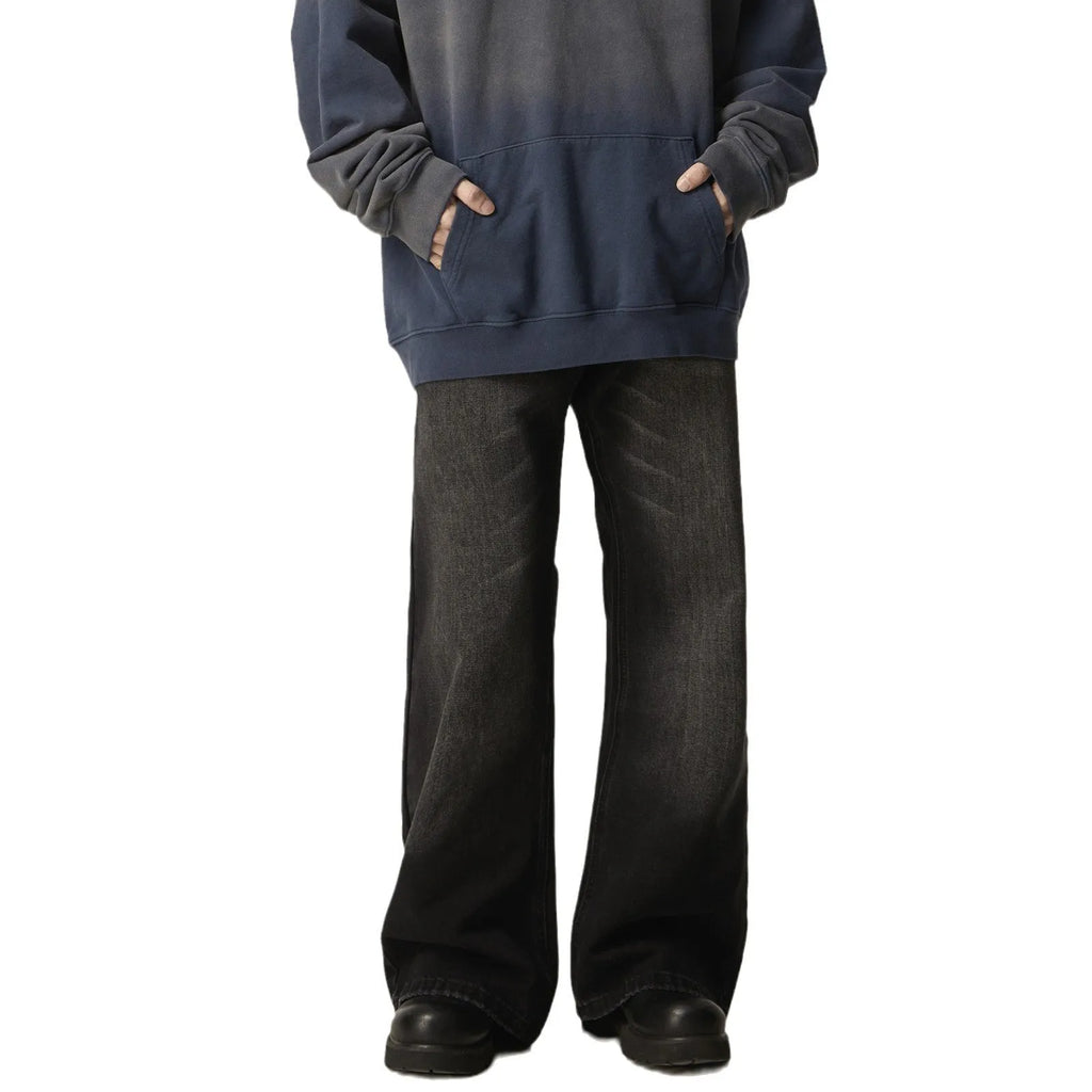 Black loose straight retro jeans showing front and back views with five-pocket design