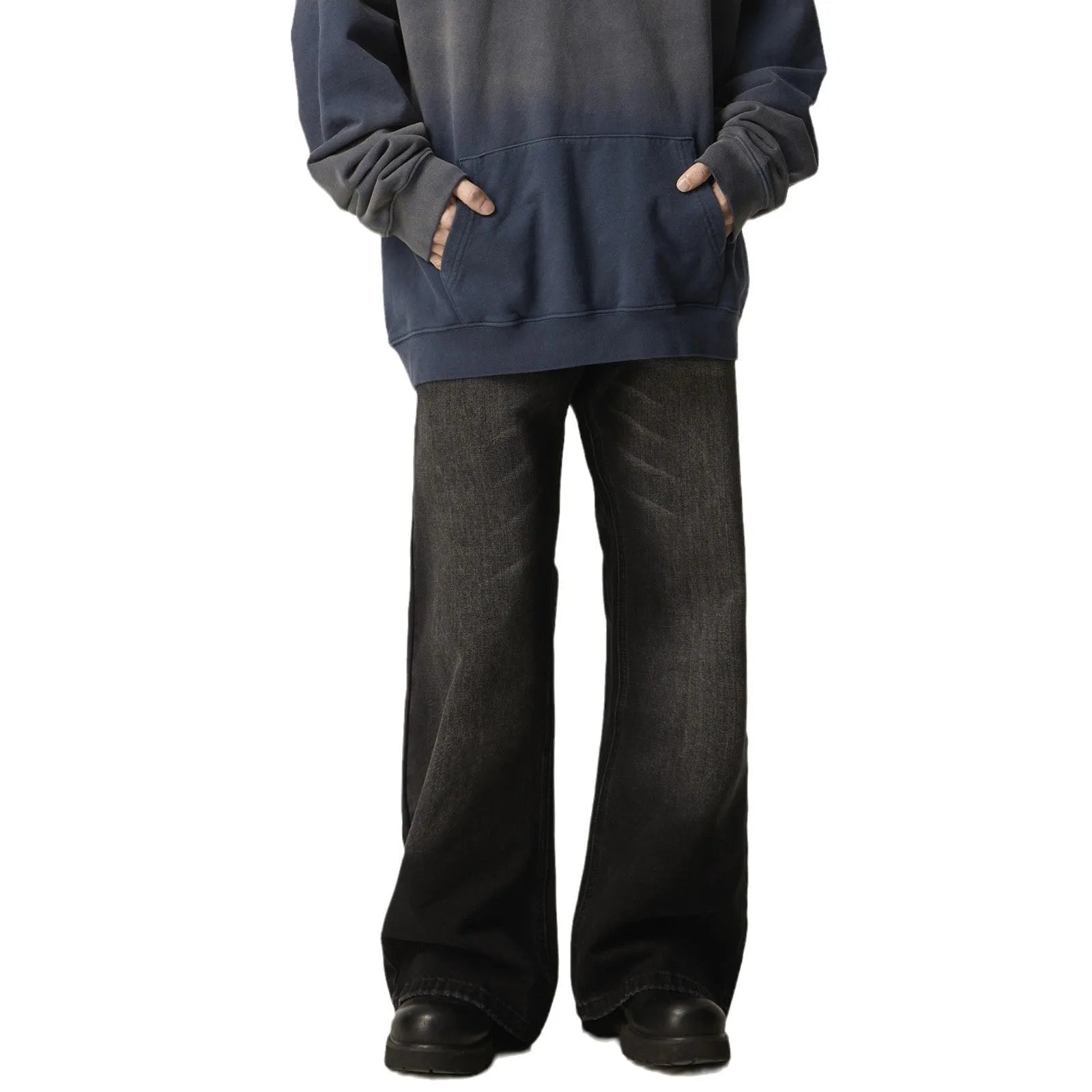 Black loose straight retro jeans showing front and back views with five-pocket design