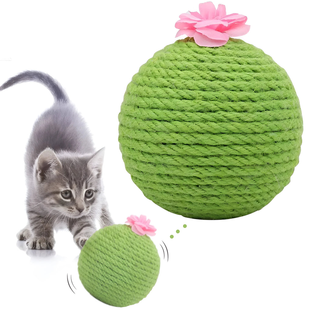 Green multi-level cat scratching tower with an interactive cactus ball toy and sisal-wrapped posts
