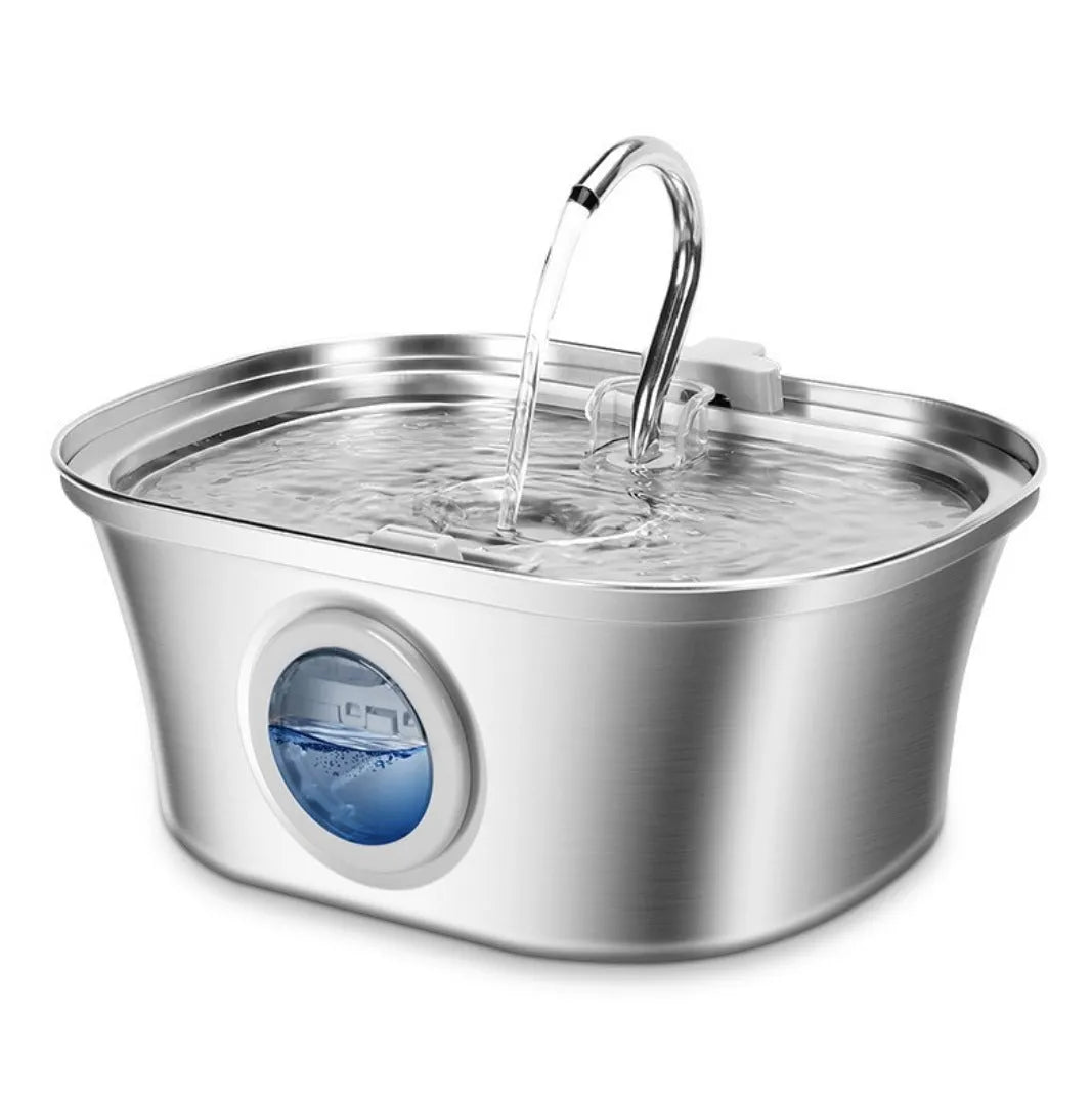 Stainless steel round pet water dispenser with large reservoir and selectable faucet attachment