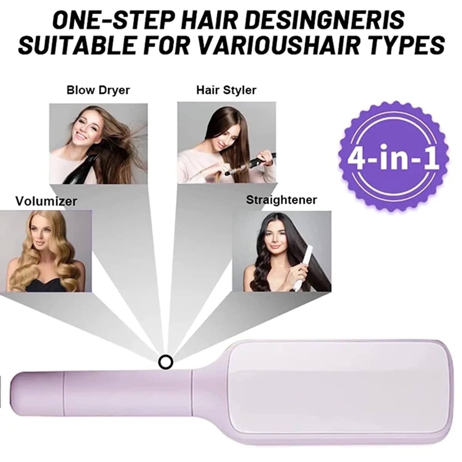 Purple and grey self-cleaning hair brushes with rotating handles and anti-static teeth.