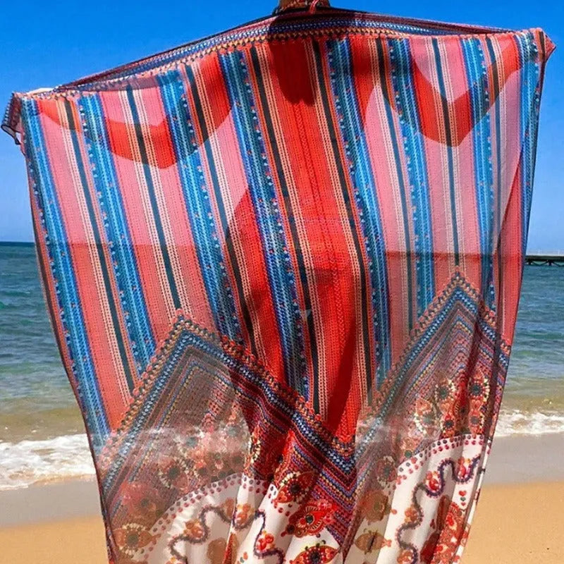 A three-piece women's swimsuit set showing a cutout blouse, high-waist briefs, and a sleeveless cover-up coat.