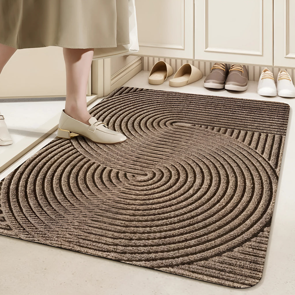 Silk ring diatom earth entrance mat in alien shape with cartoon anime pattern, colours green grey khaki blue