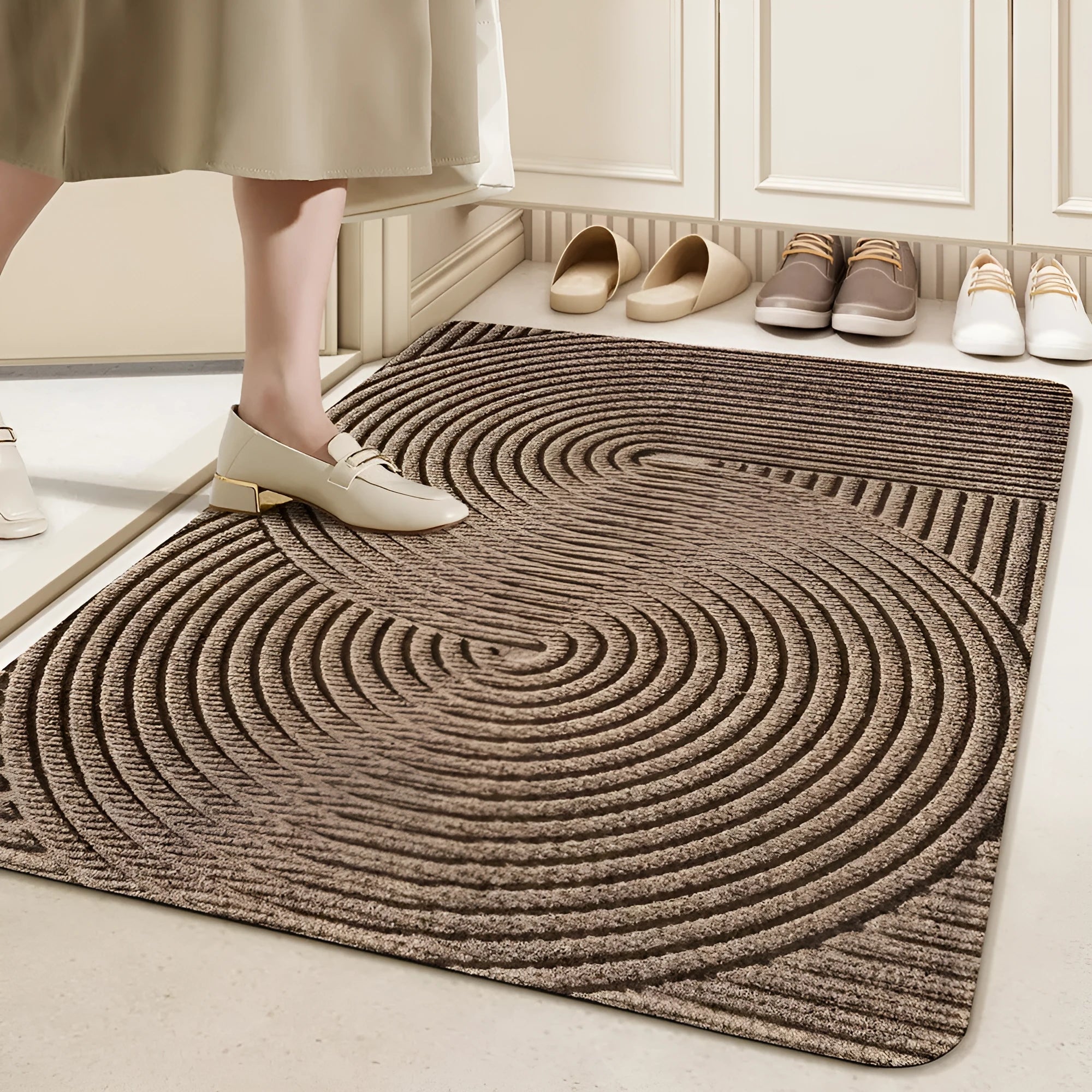 Silk ring diatom earth entrance mat in alien shape with cartoon anime pattern, colours green grey khaki blue