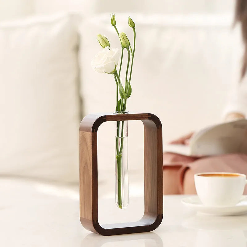 Wooden Chinese style countertop vase decoration for tabletop flower arrangement with glass water flowers
