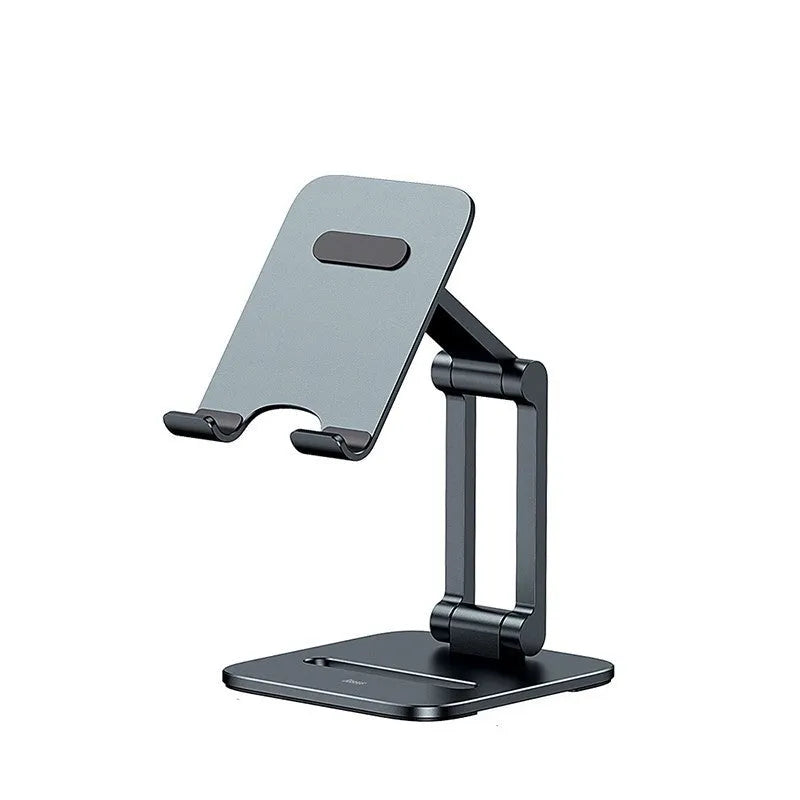 Deep space grey aluminium folding stand holding a tablet and a mobile phone.