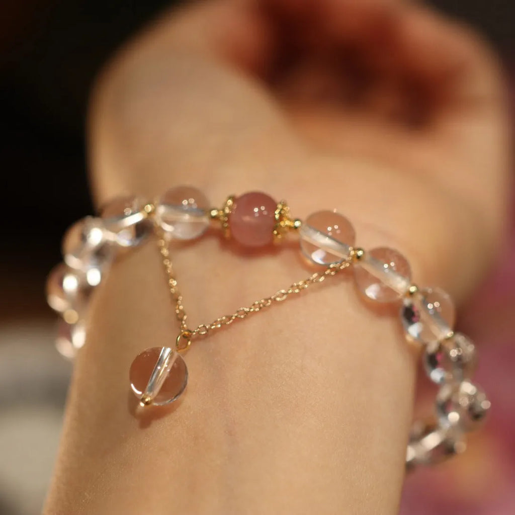 White crystal geometric bracelet with cat eye obsidian and Chinese auspicious patterns