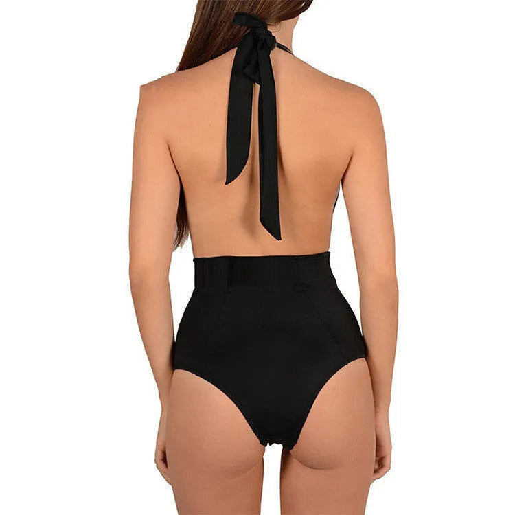 Embroidered halter Siamese bikini lingerie set in black, white or wine red, sizes S to XL, 96% polyester